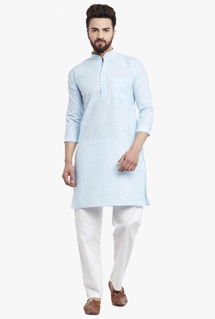 sojanya light blue full sleeves linen blend kurta set
