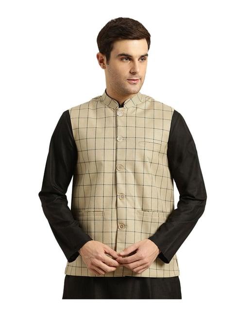 sojanya light brown & black checks nehru jacket