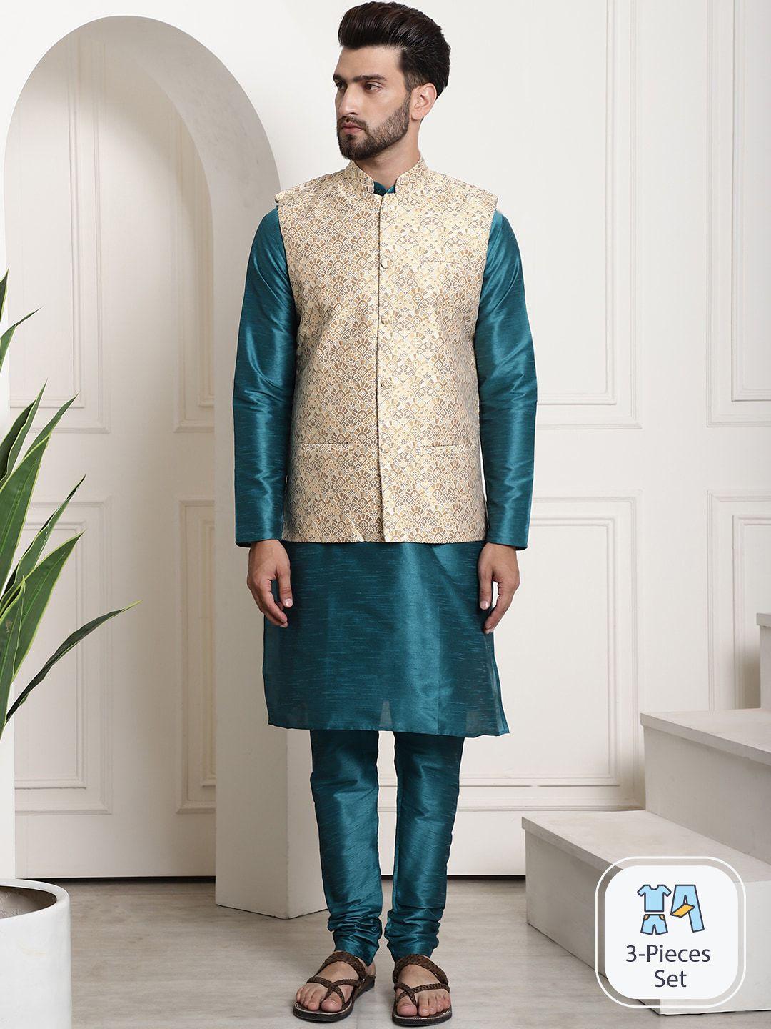 sojanya mandarin collar dupion silk straight kurta with churidar & nehru jacket
