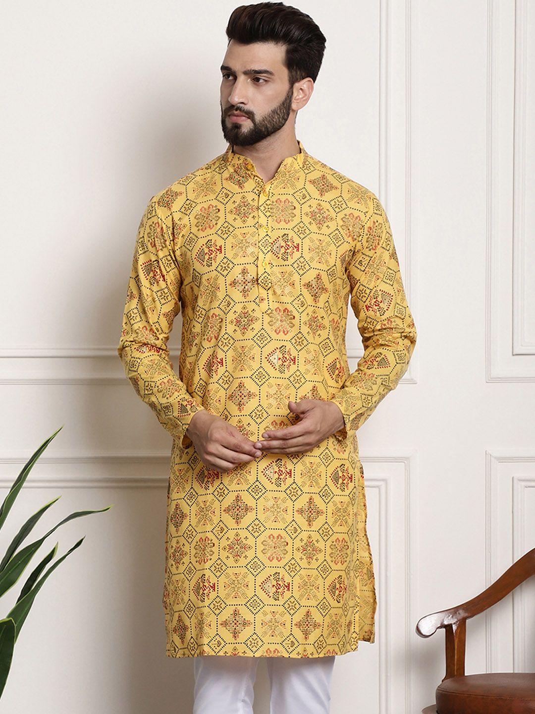 sojanya mandarin collar ethnic motifs printed cotton linen kurta