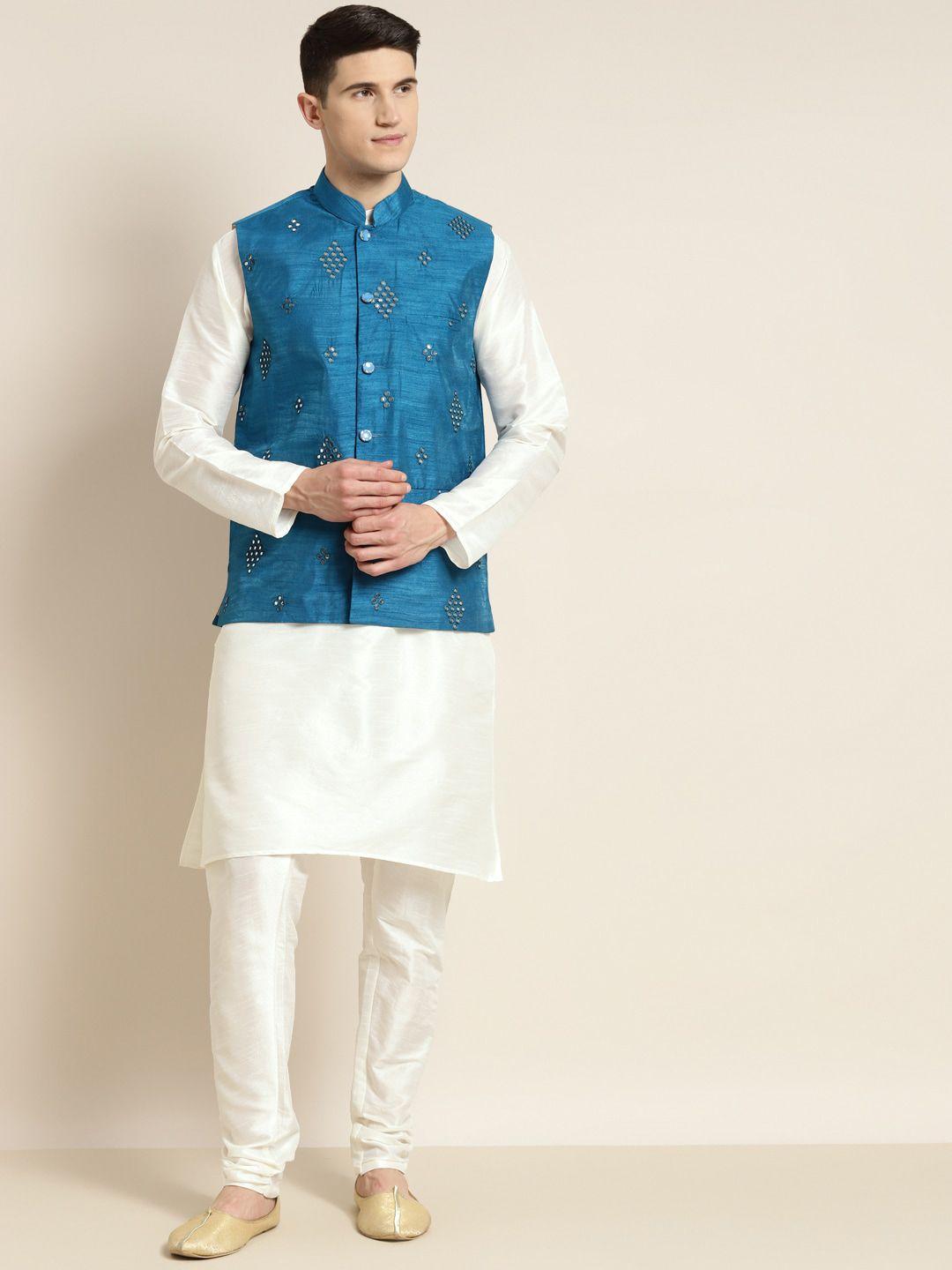 sojanya mandarin collar kurta with churidar & mirror work nehru jacket