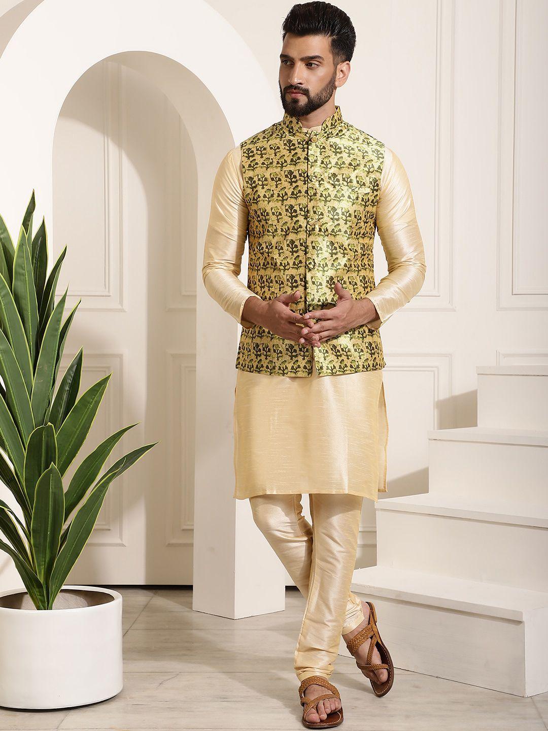 sojanya mandarin collar kurta with churidar & printed nehru jacket