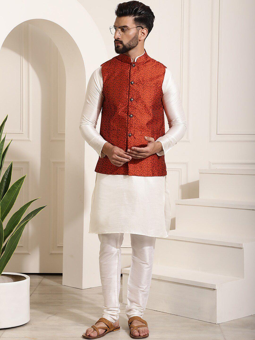 sojanya mandarin collar kurta with churidar & woven nehru jacket