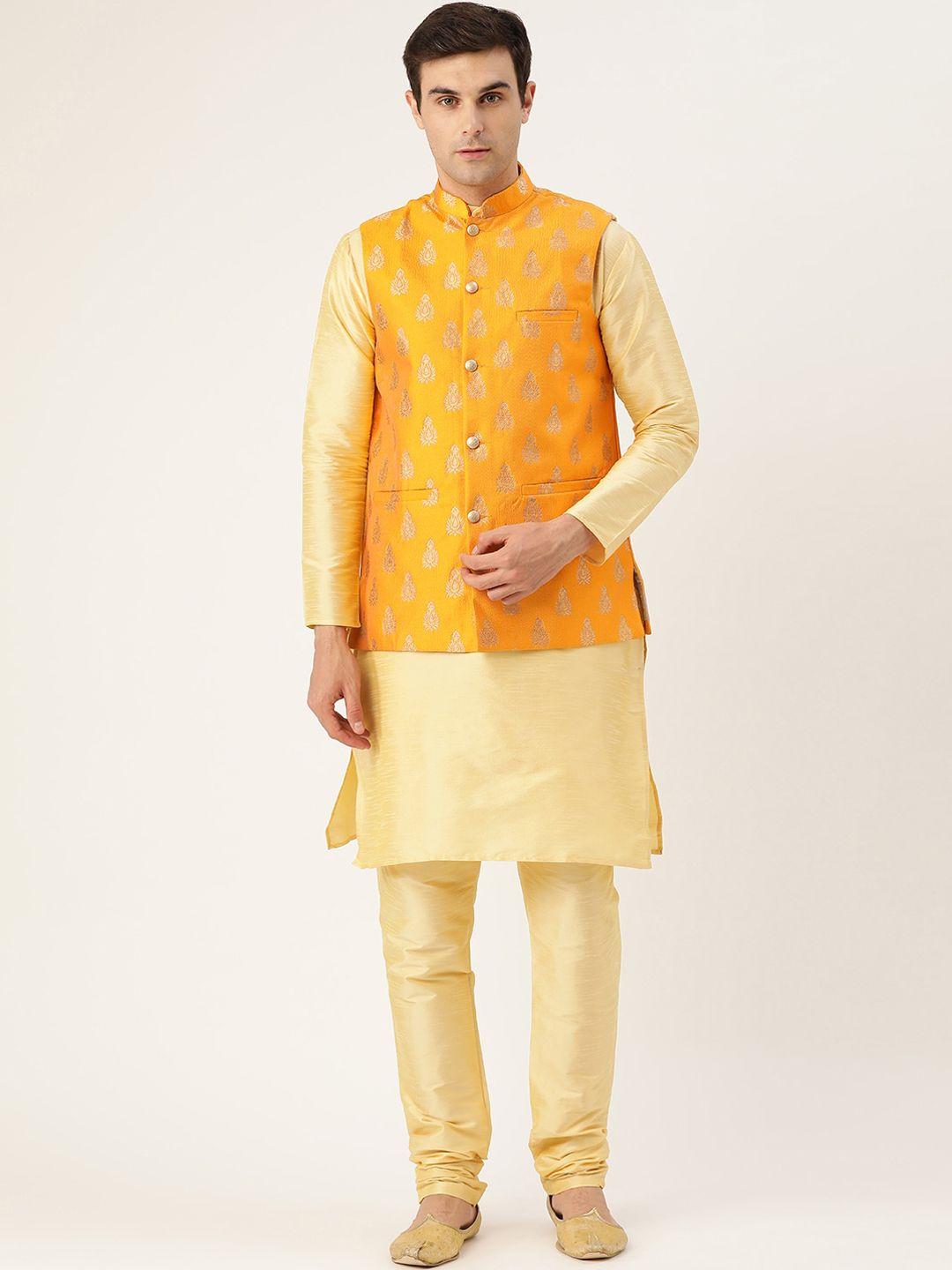 sojanya mandarin collar regular kurta with churidar & nehru jacket