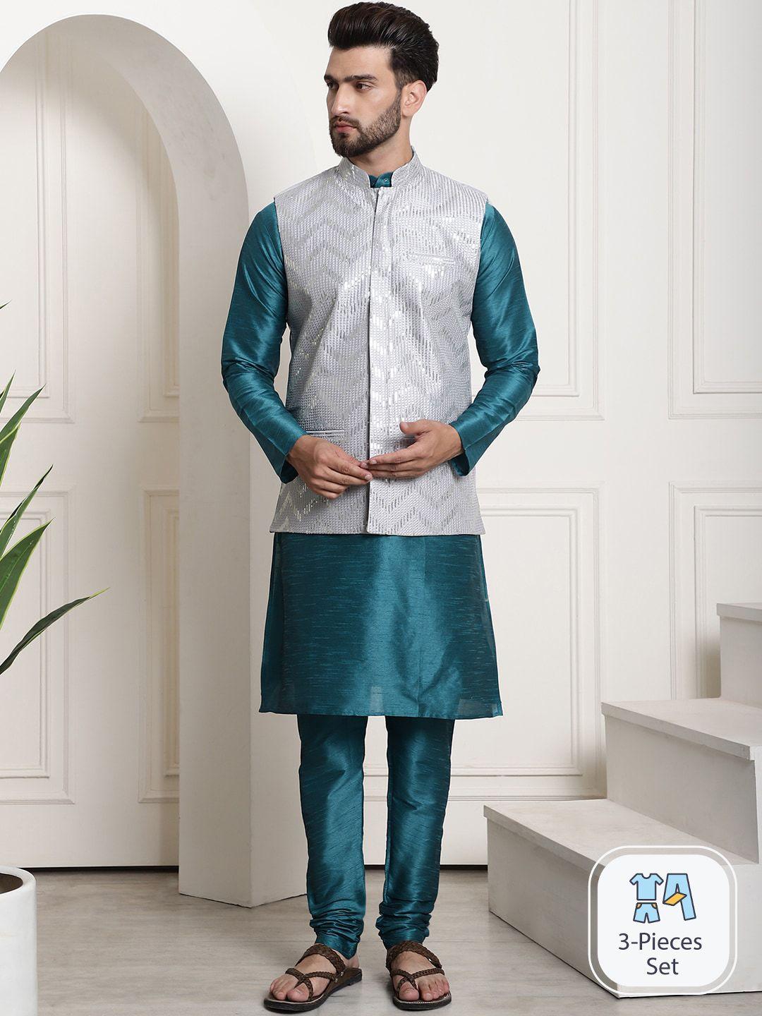 sojanya mandarin collar straight kurta with churidar & nehrujacket