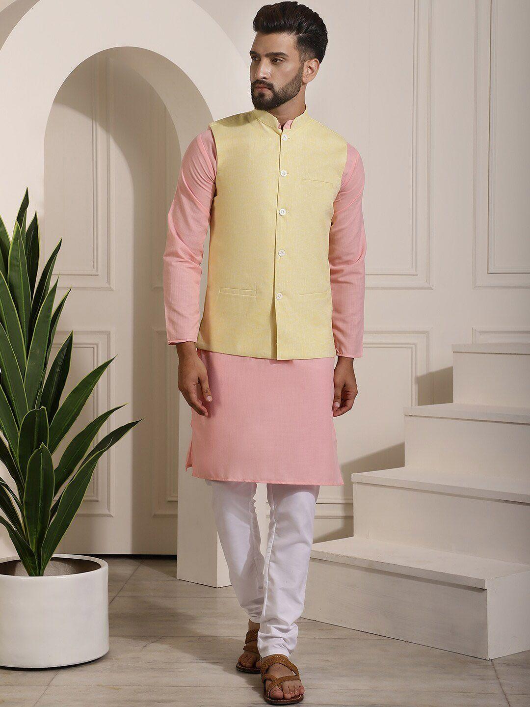 sojanya mandarin collar straight pure cotton kurta with churidar & with nehru jacket