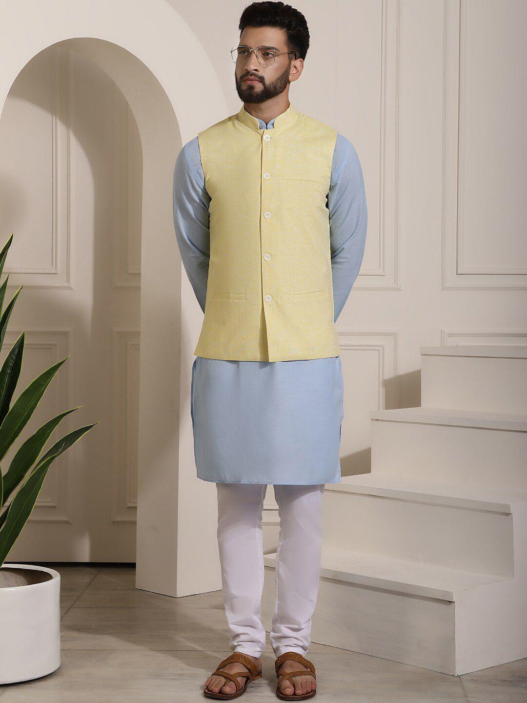 sojanya mandarin collar straight pure cotton kurta with churidar & with nehru jacket