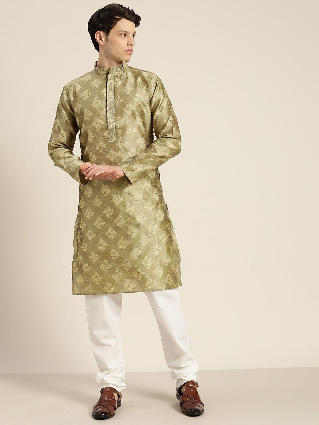 sojanya mandarin collar woven design regular kurta with churidar