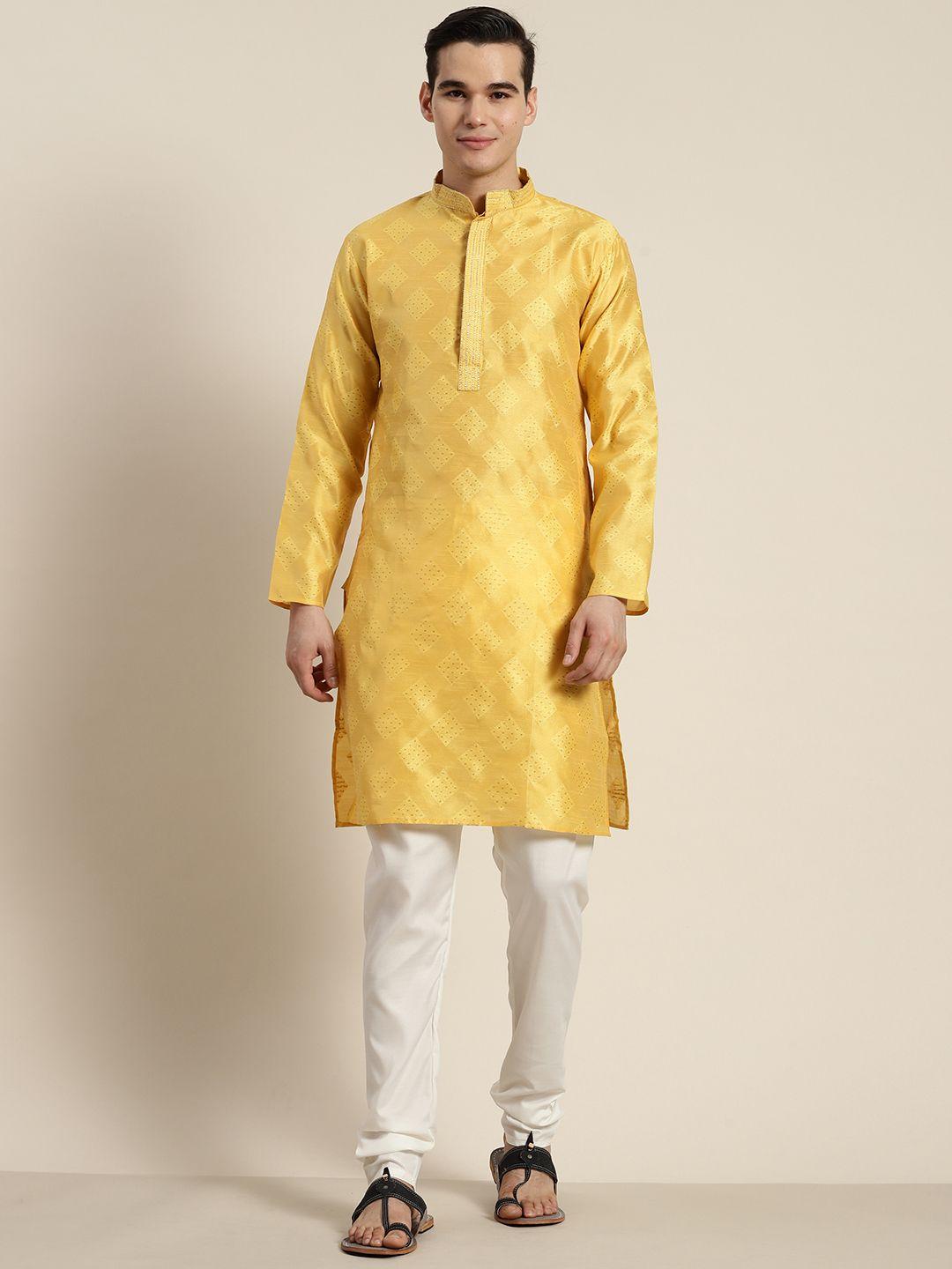 sojanya mandarin collar woven design regular kurta with churidar