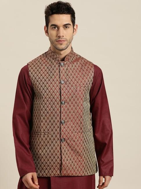 sojanya maroon comfort fit printed nehru jacket