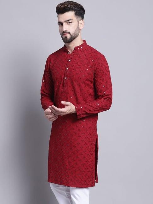 sojanya maroon cotton regular fit embellished kurta
