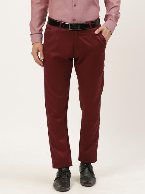 sojanya maroon cotton regular slim fit flat front trousers