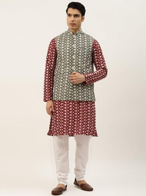 sojanya maroon regular fit embroidered kurta set with jacket