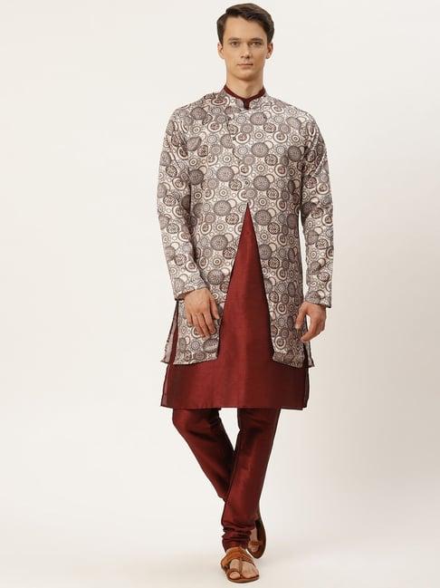 sojanya maroon regular fit printed kurta set with jacket