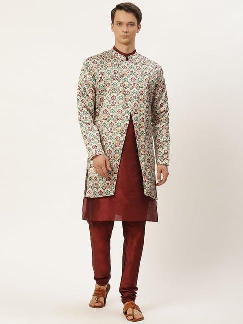 sojanya maroon regular fit printed kurta set with jacket