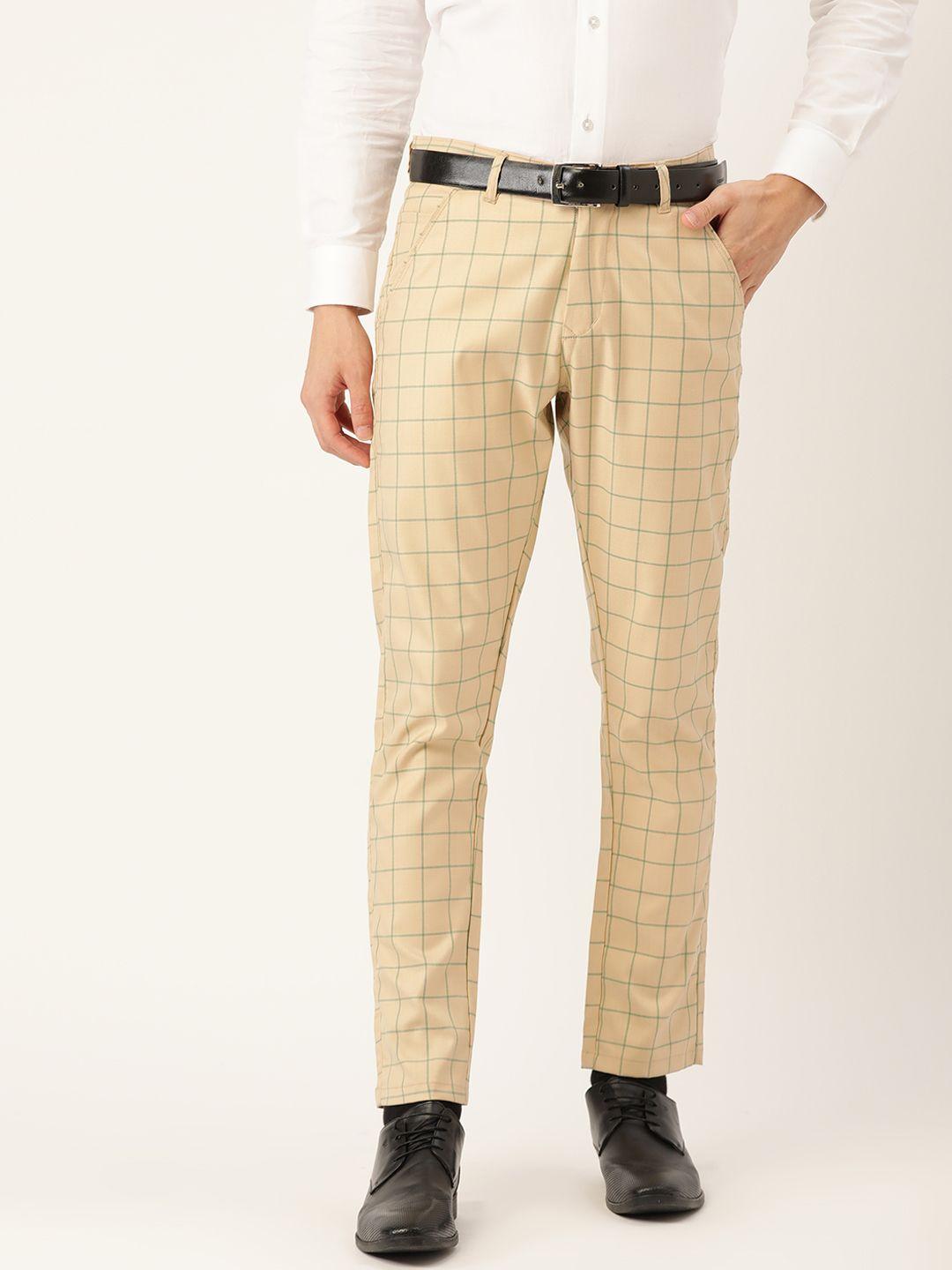 sojanya men beige & green checked smart fit formal trousers