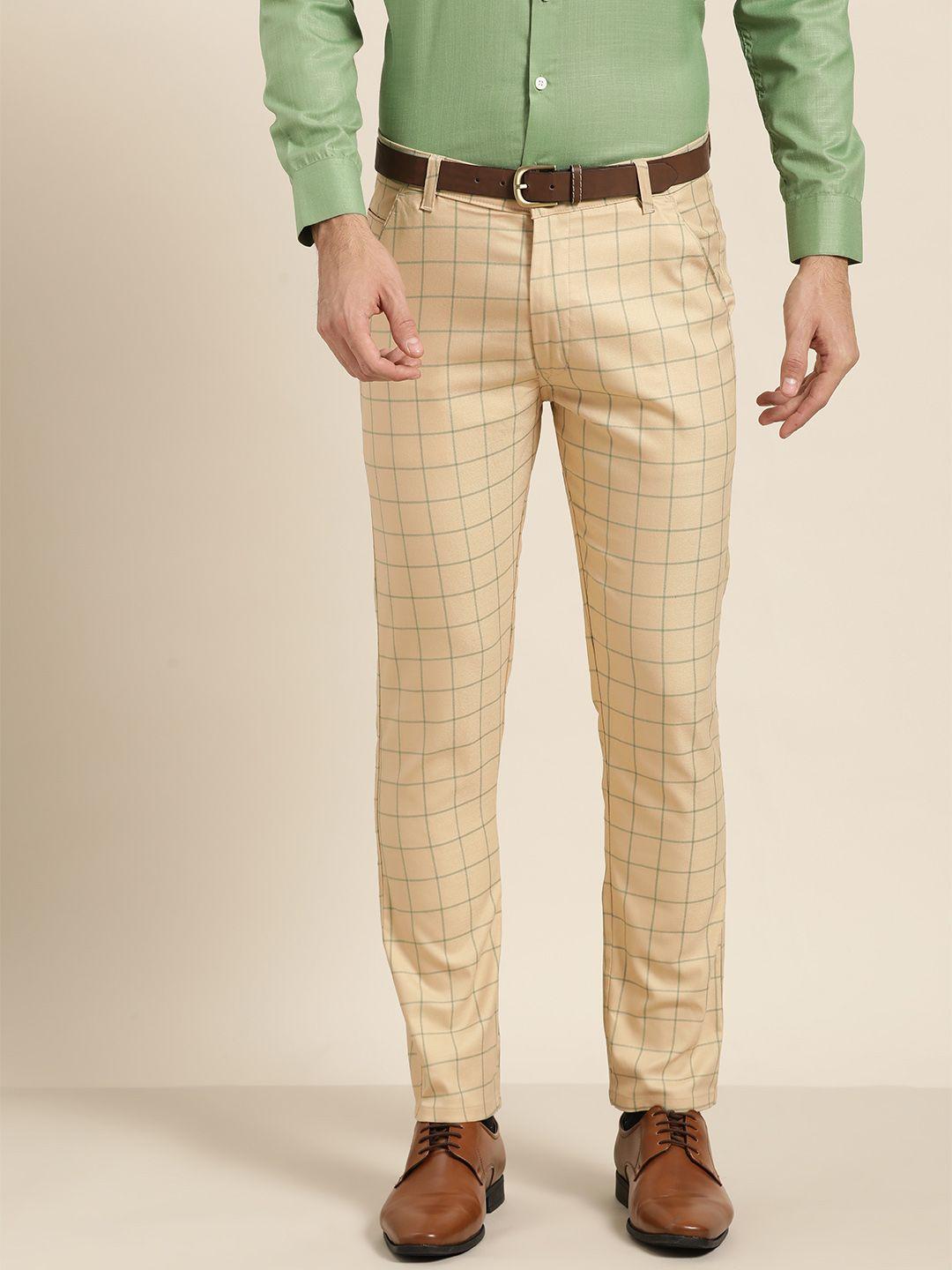 sojanya men beige & green smart fit checked formal trousers
