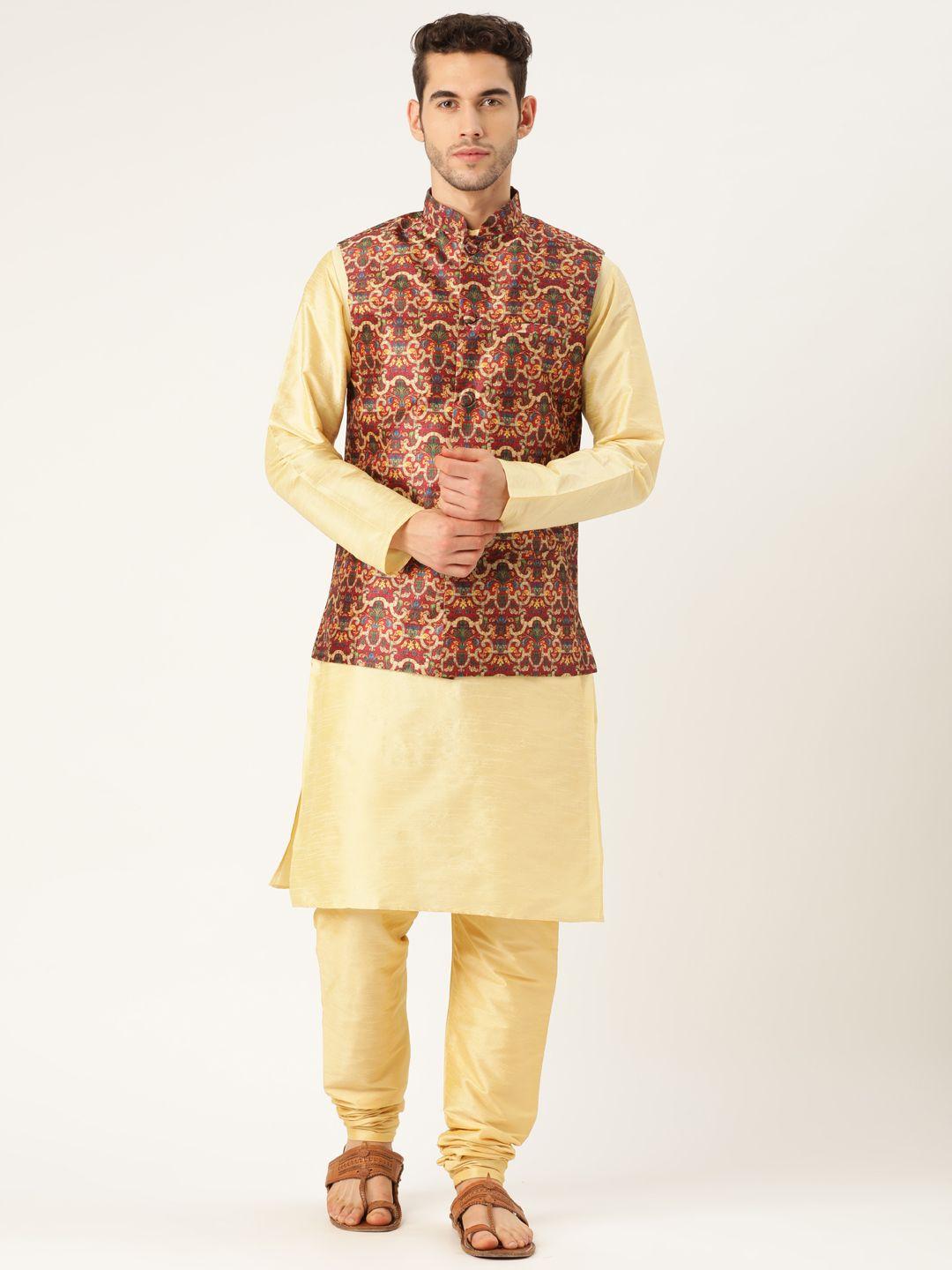 sojanya men beige & maroon solid kurta set with ethnic print nehru jacket