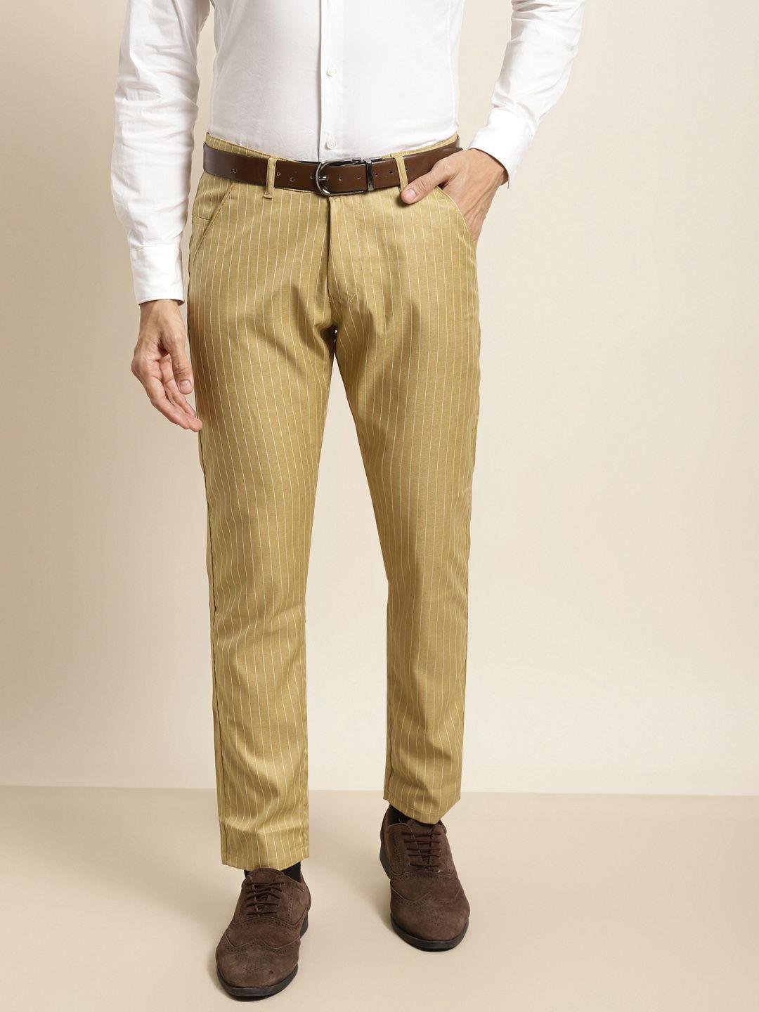 sojanya men beige & off-white striped smart regular fit formal trousers