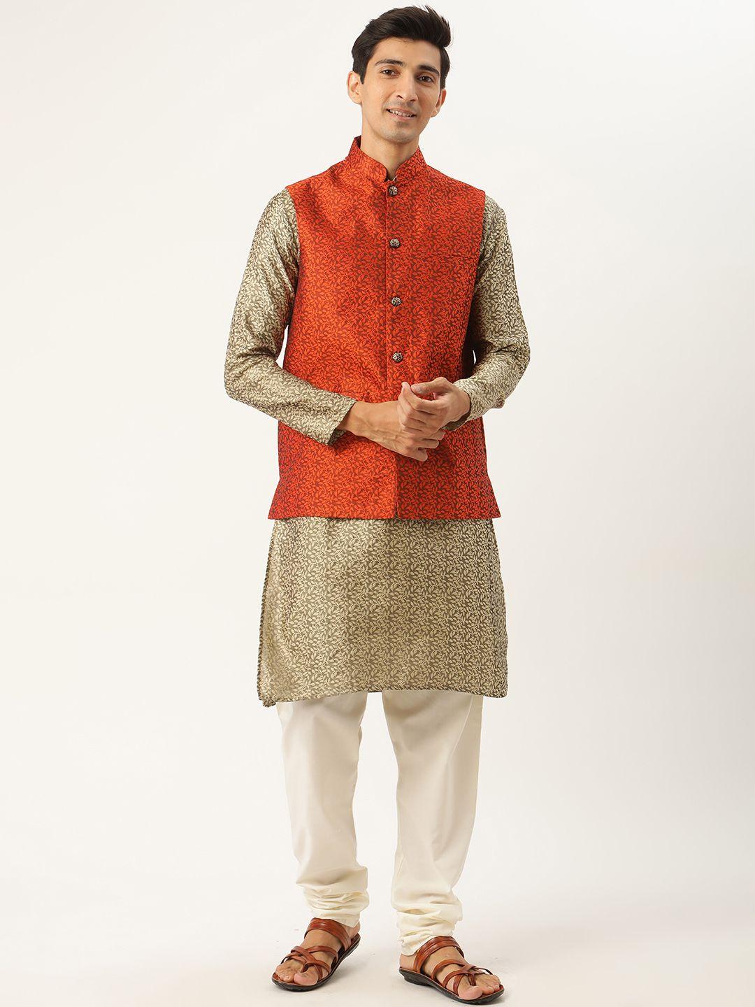 sojanya men beige & orange ethnic motifs woven design kurta with churidar & nehru jacket