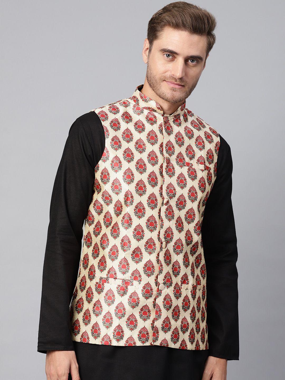 sojanya men beige & red printed nehru jacket