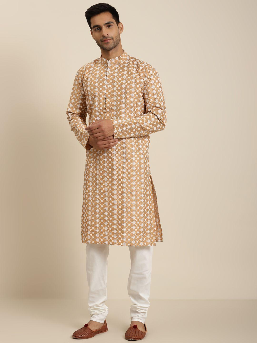 sojanya men beige & white embroidered kurta with churidar