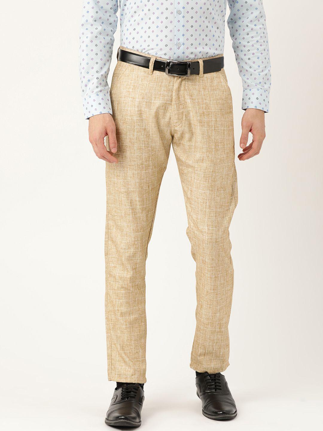 sojanya men beige & white smart fit checked formal trousers