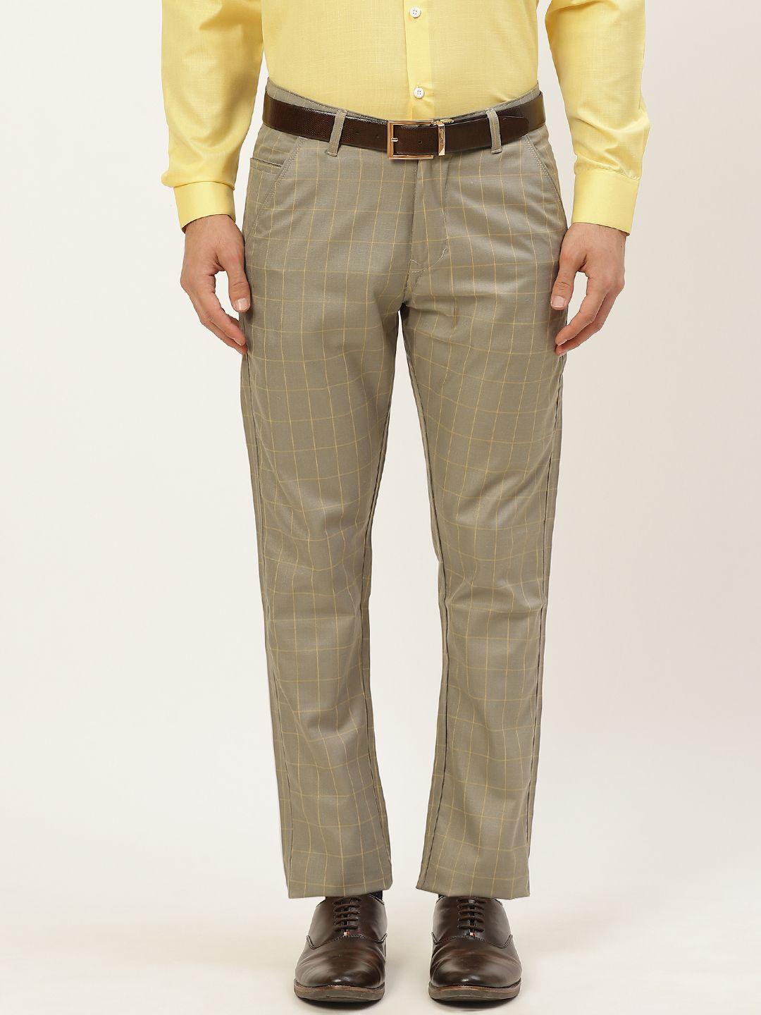 sojanya men beige & yellow checked formal trousers