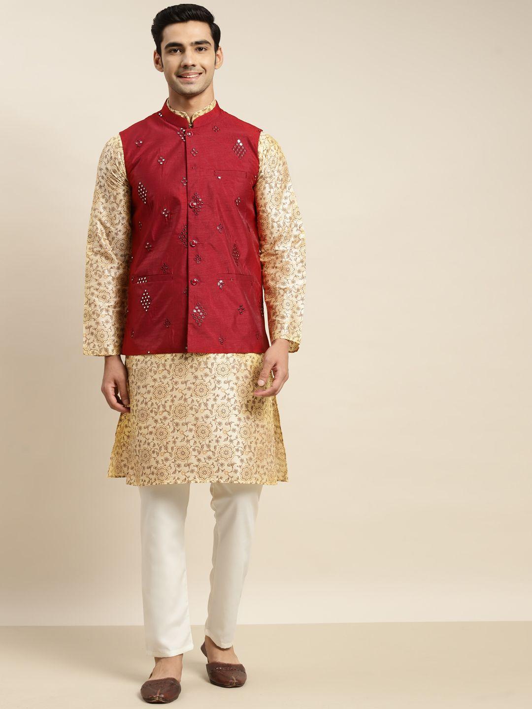 sojanya men beige ethnic motifs printed kurta & churidar comes with a nehru jacket