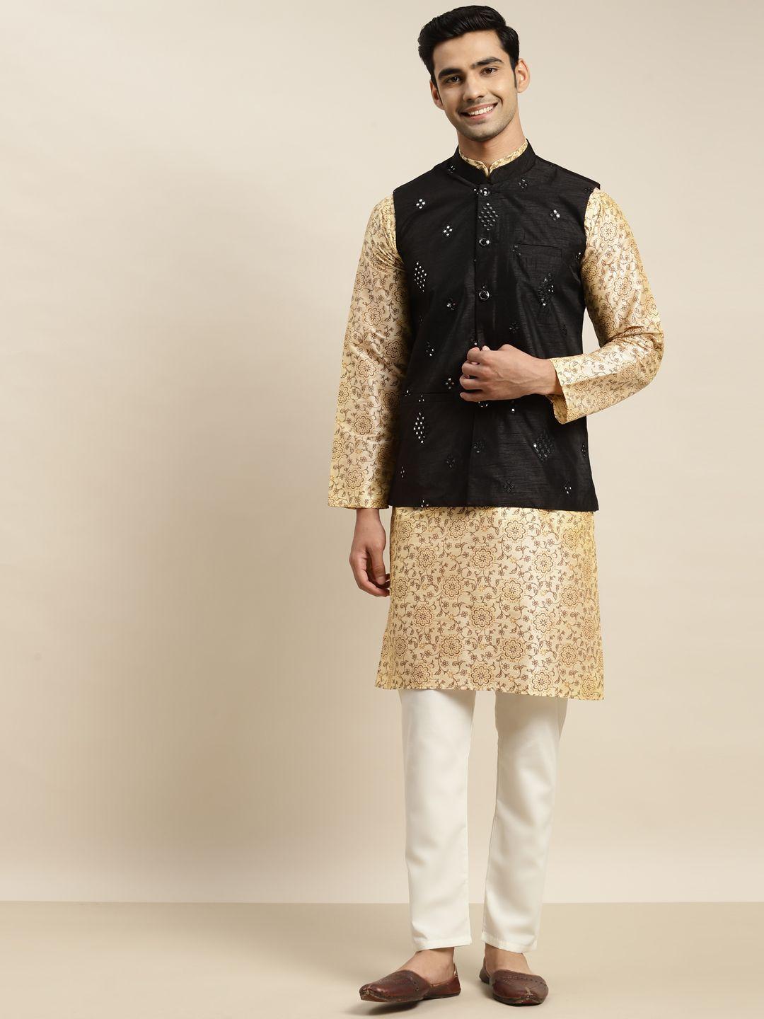 sojanya men beige ethnic motifs printed kurta & churidar comes with a nehru jacket