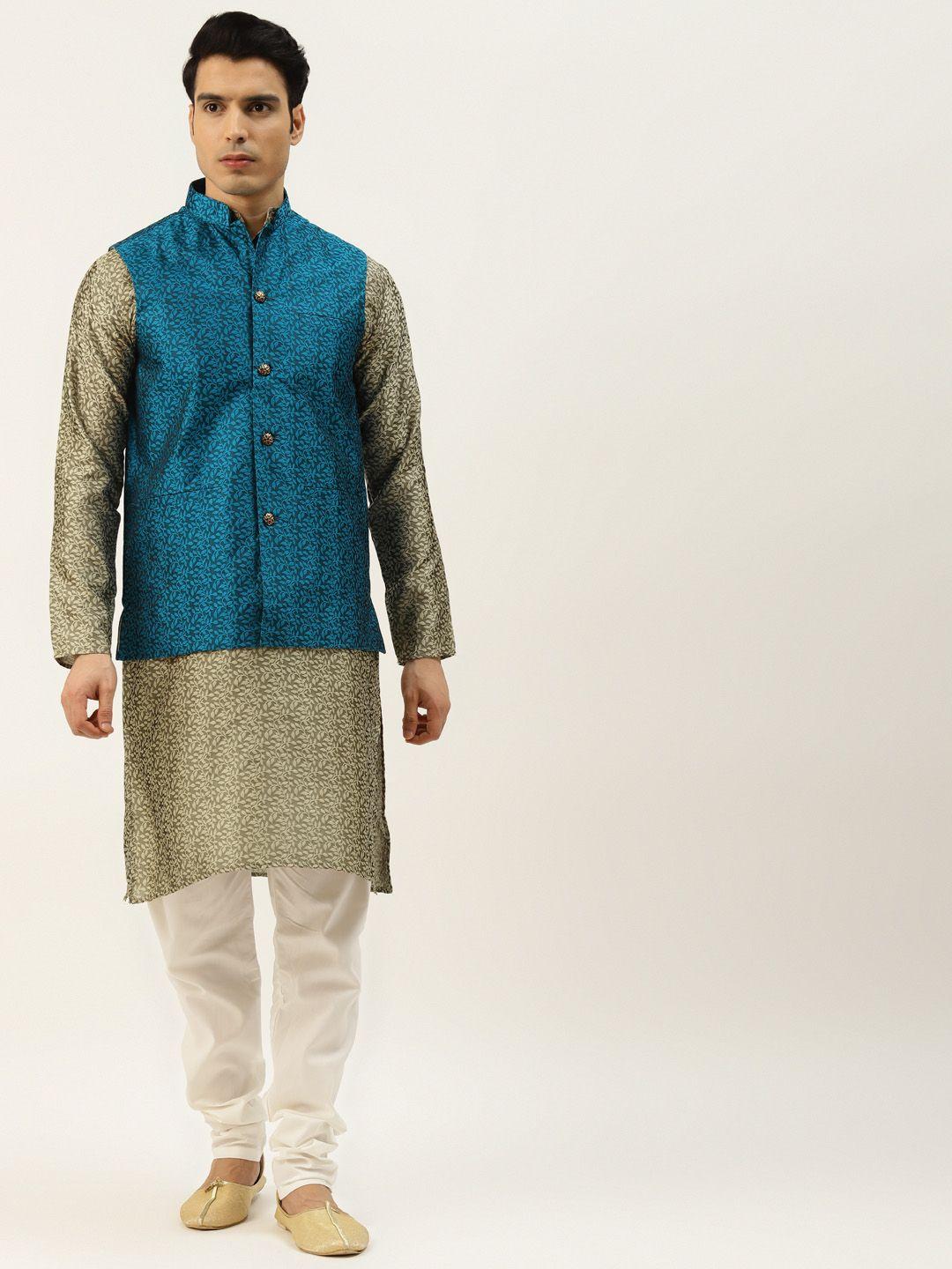 sojanya men beige self design jacquard silk kurta with churidar & nehru jacket
