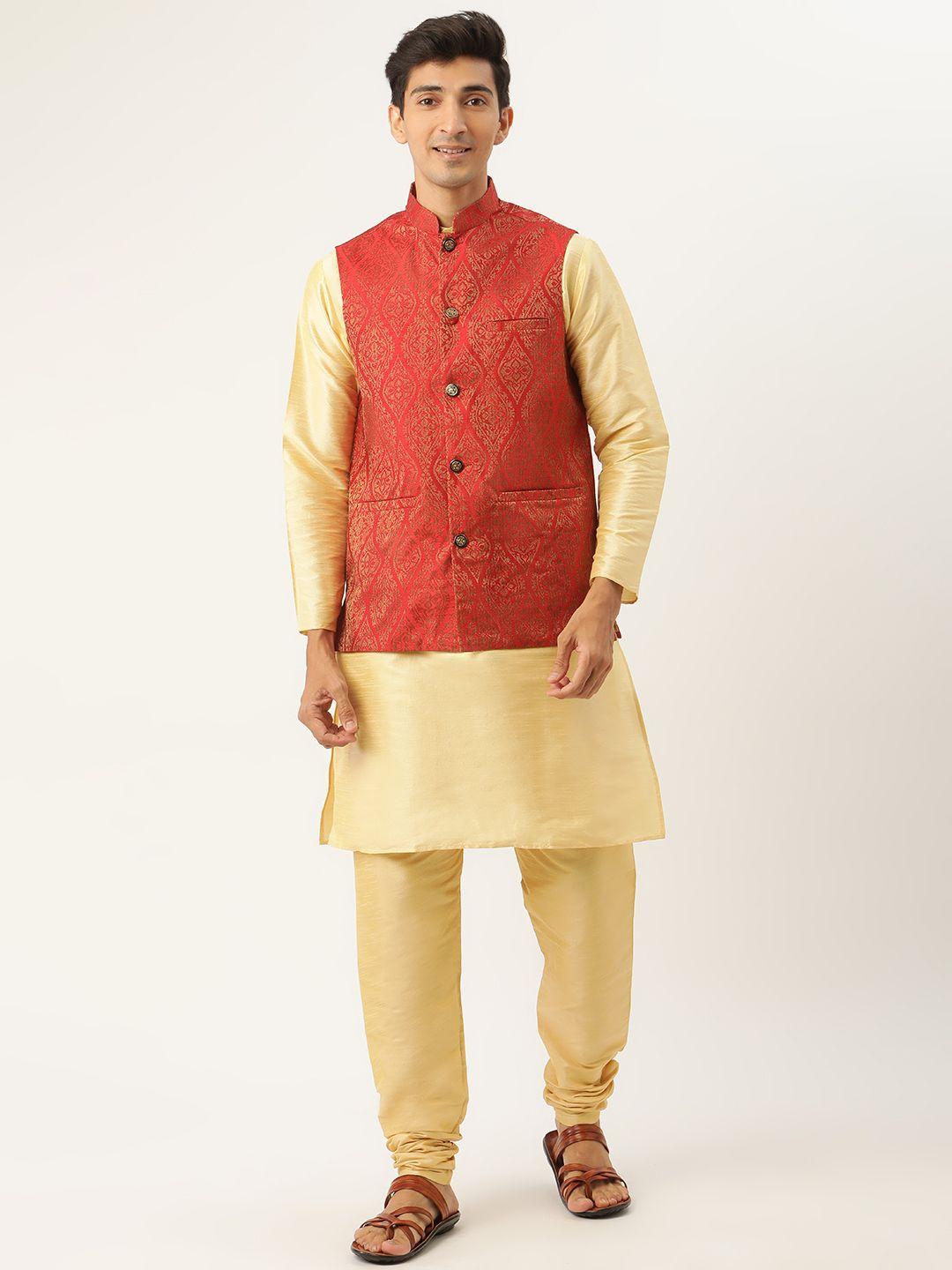 sojanya men beige solid kurta set with ethnic motifs nehru jacket