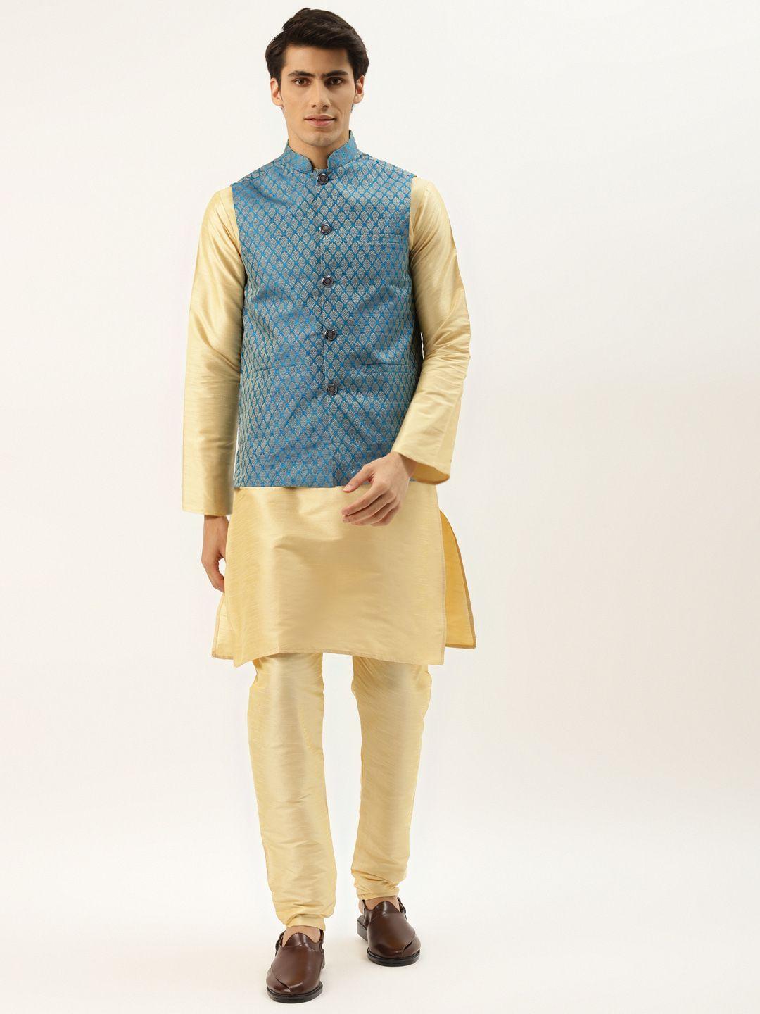 sojanya men beige solid kurta set with printed jacket