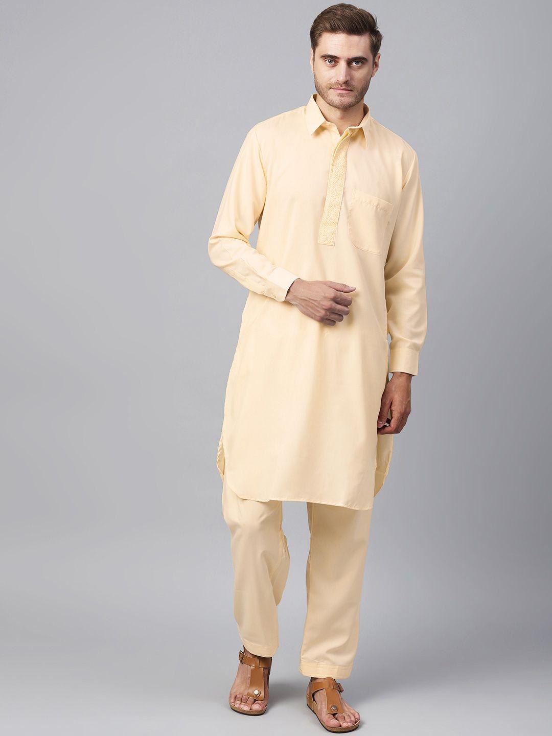 sojanya men beige solid pathani kurta with salwar