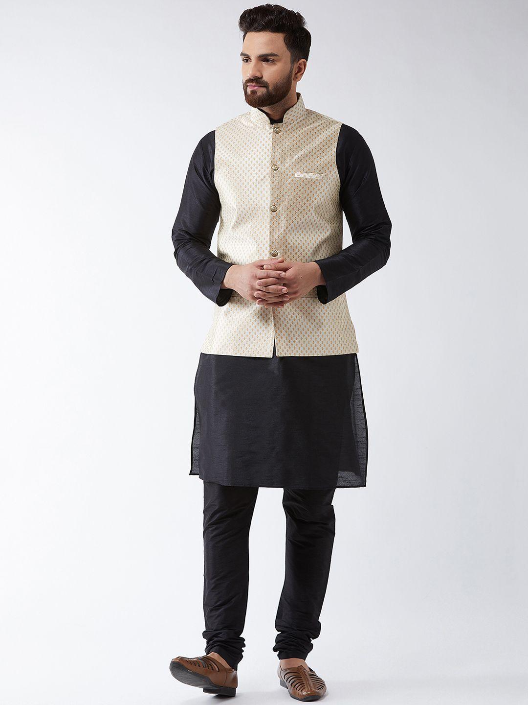 sojanya men black & beige kurta set & nehru jacket