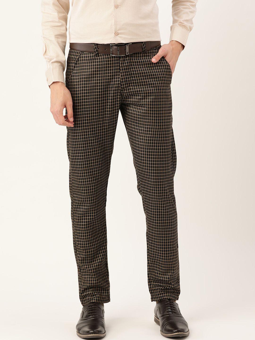 sojanya men black & brown checked smart fit formal trousers