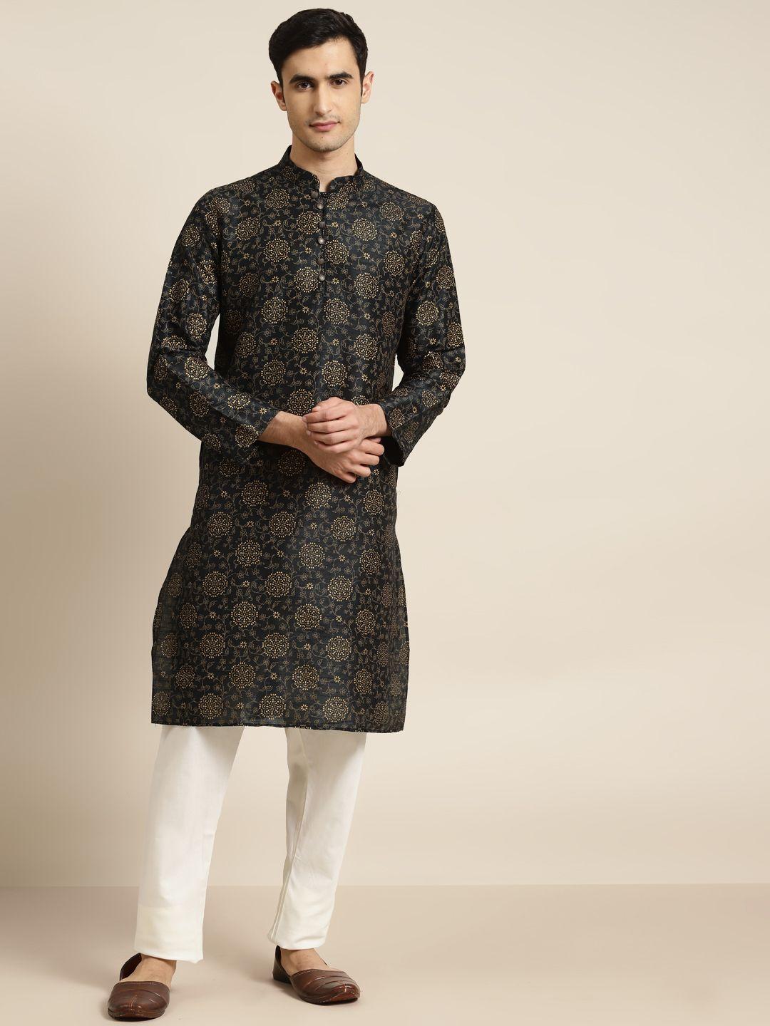 sojanya men black & brown ethnic motifs printed kurta