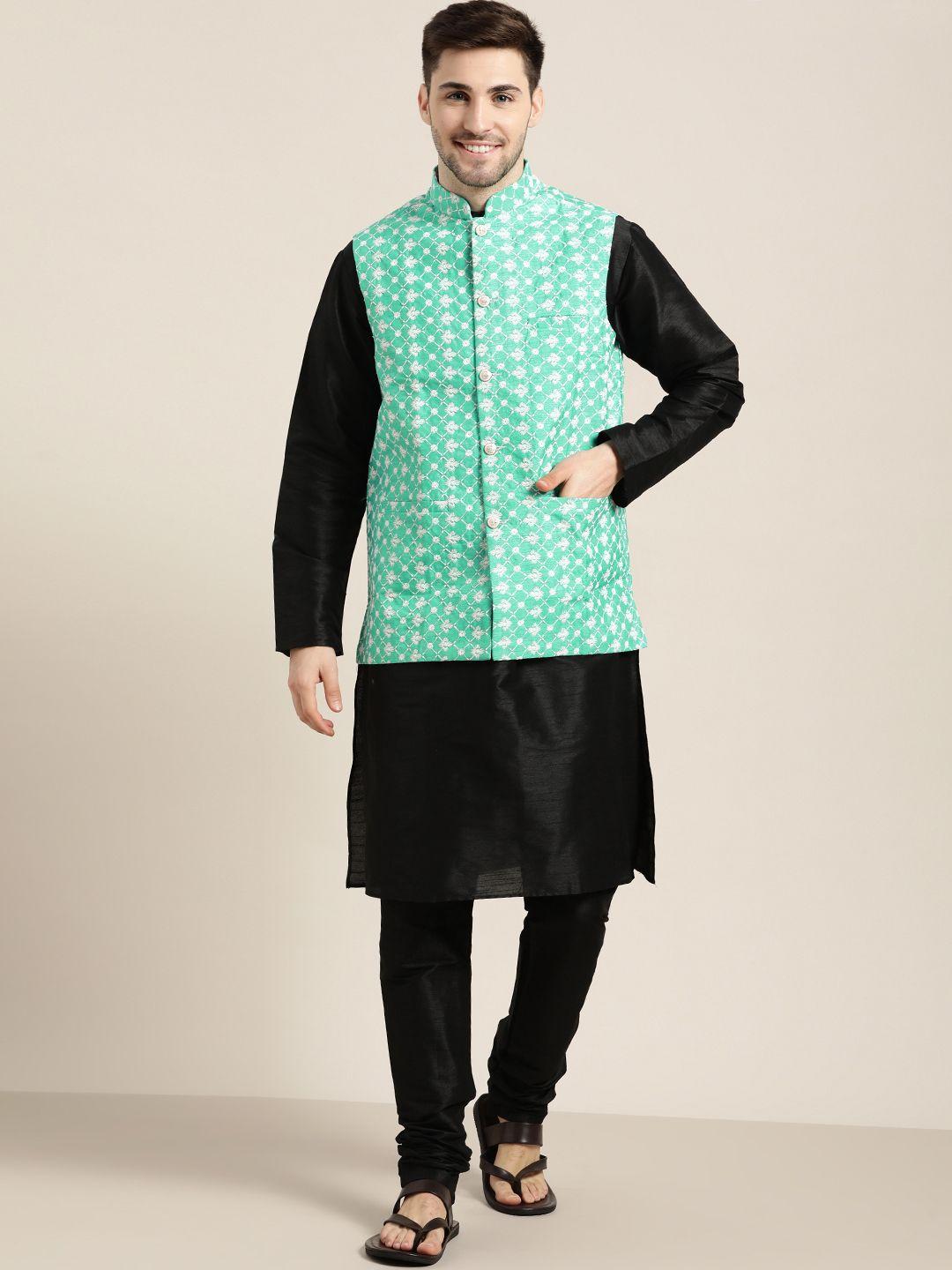 sojanya men black & green ethnic motifs embroidered kurta set with nehru jacket