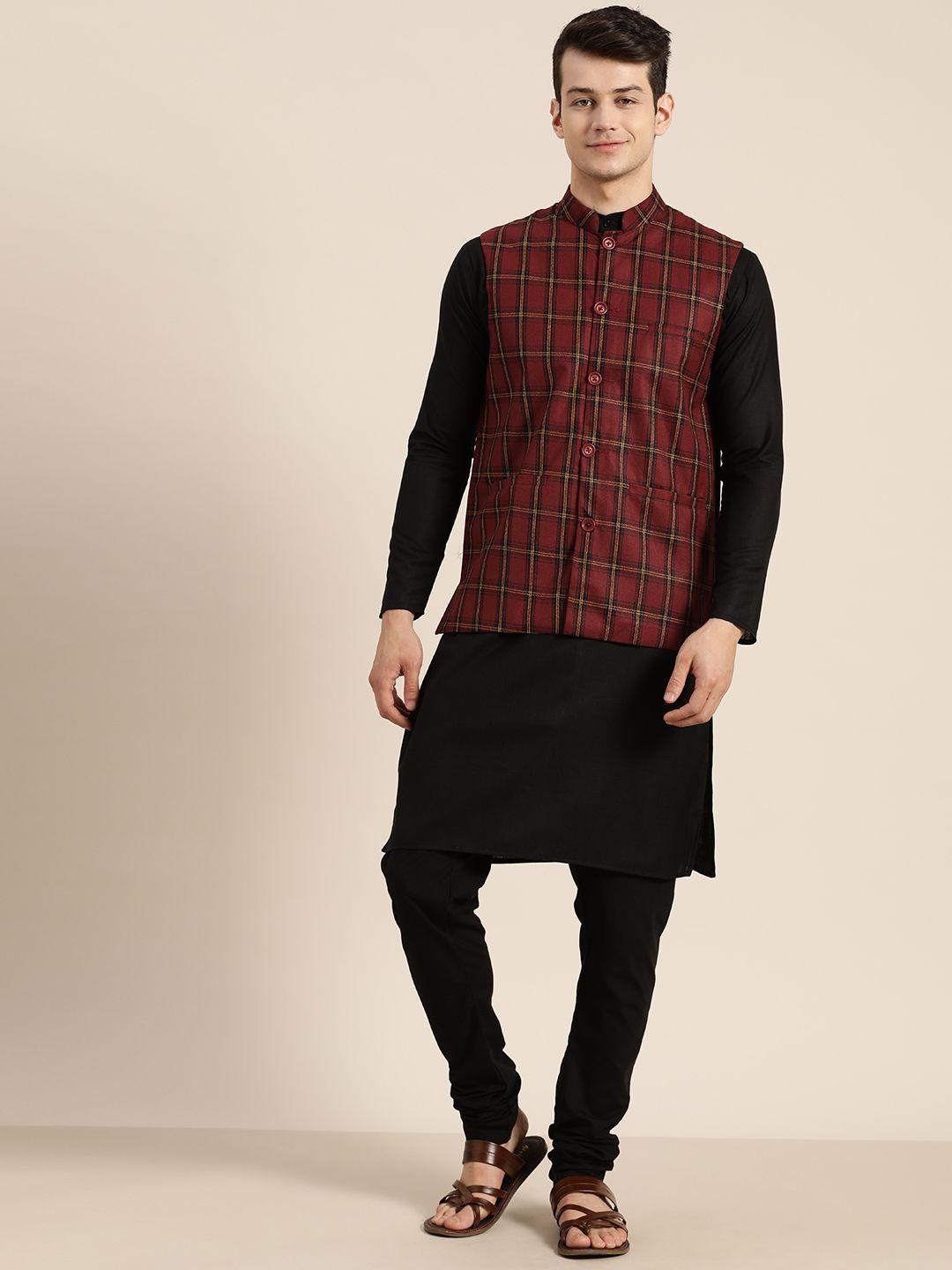 sojanya men black & maroon solid kurta with churidar & nehru jacket