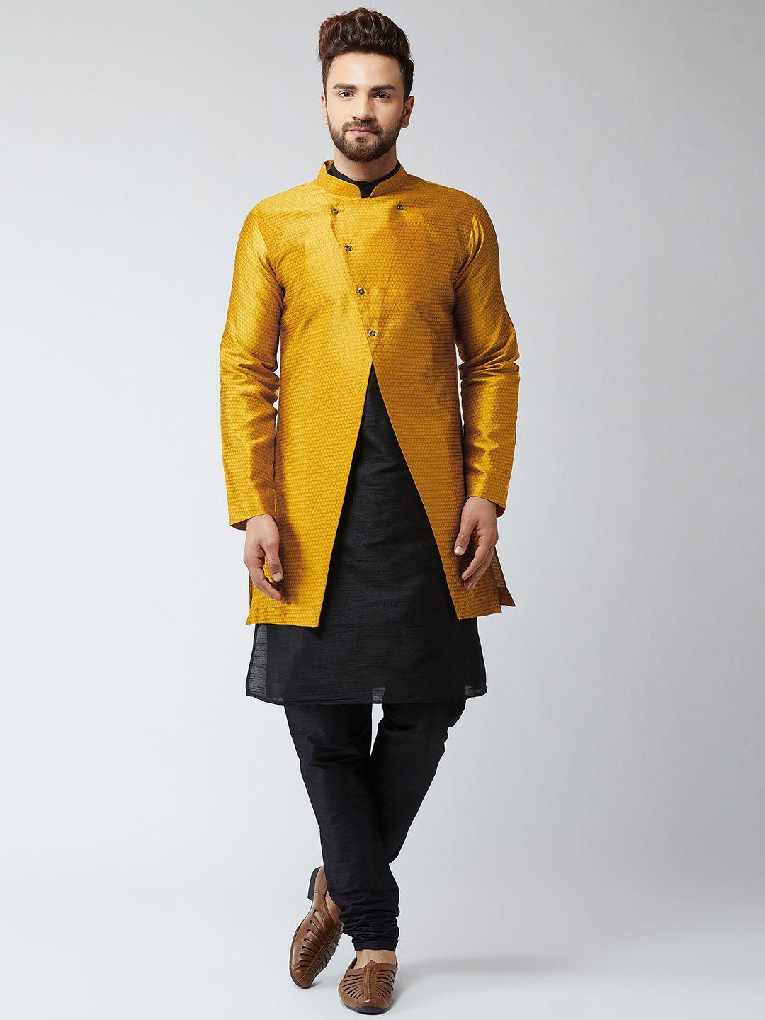 sojanya men black & mustard self design sherwani set