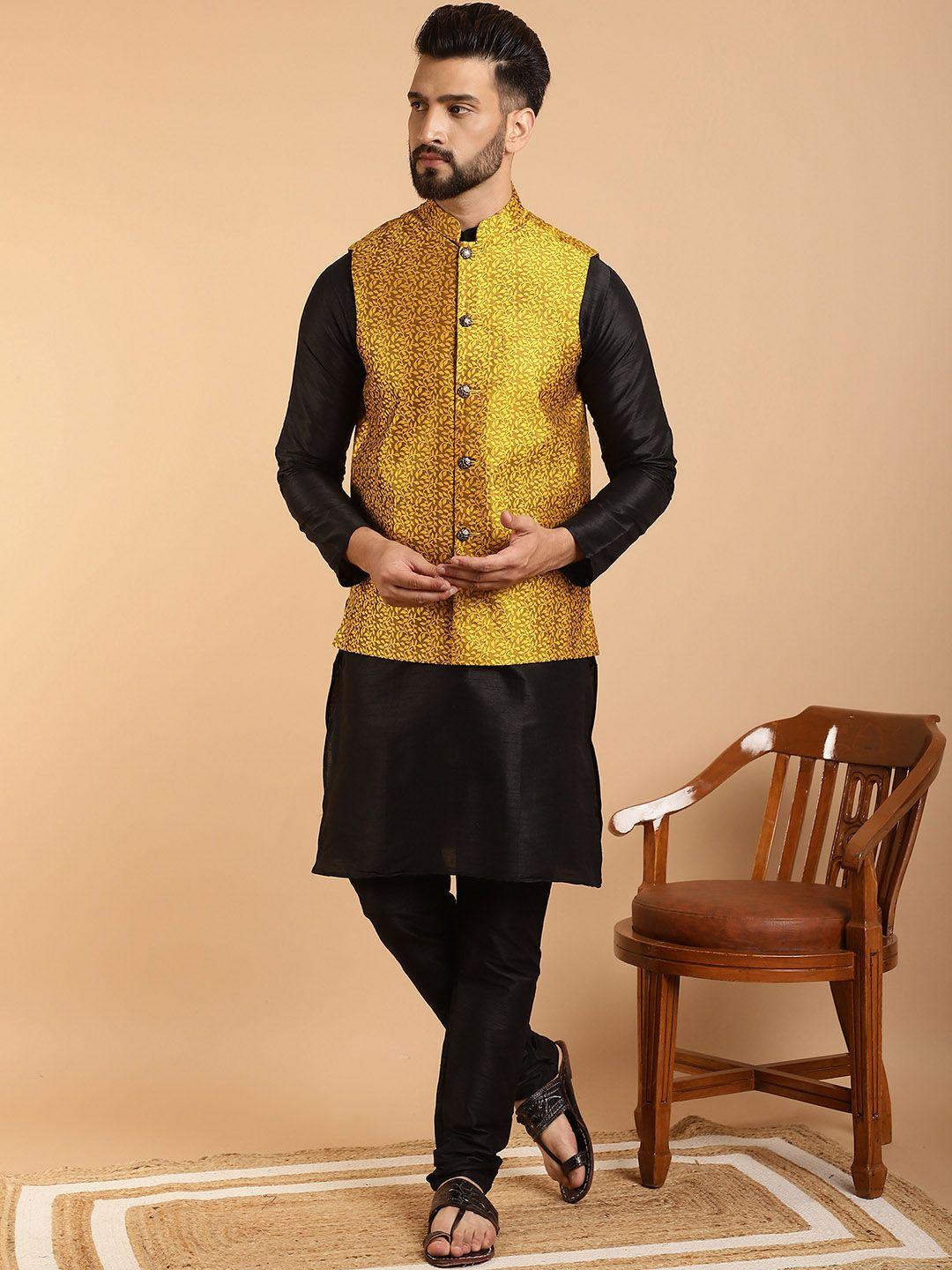 sojanya men black & mustard yellow kurta with churidar and nehru jacket