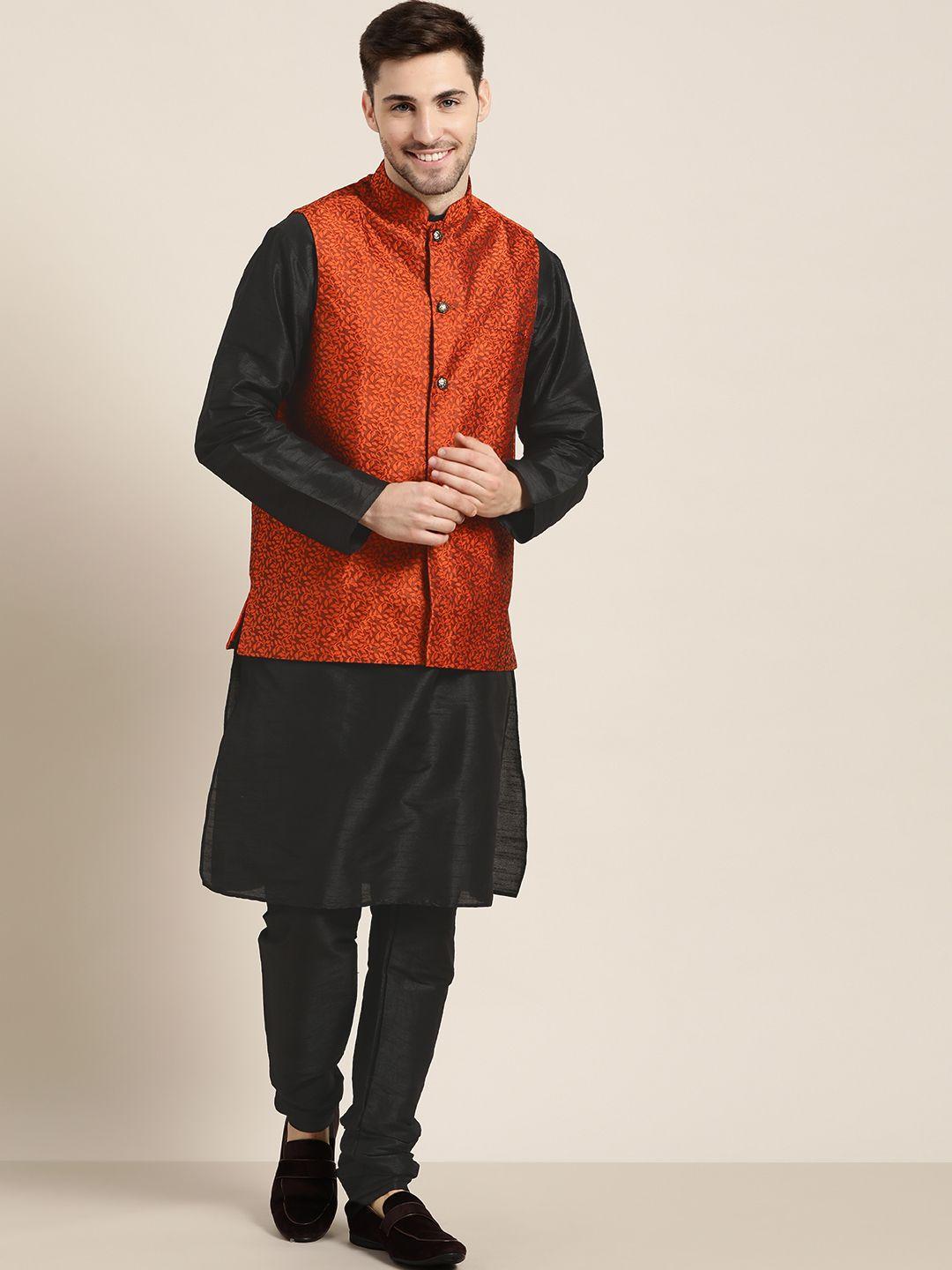 sojanya men black & orange ethnic motifs kurta set with nehru jacket
