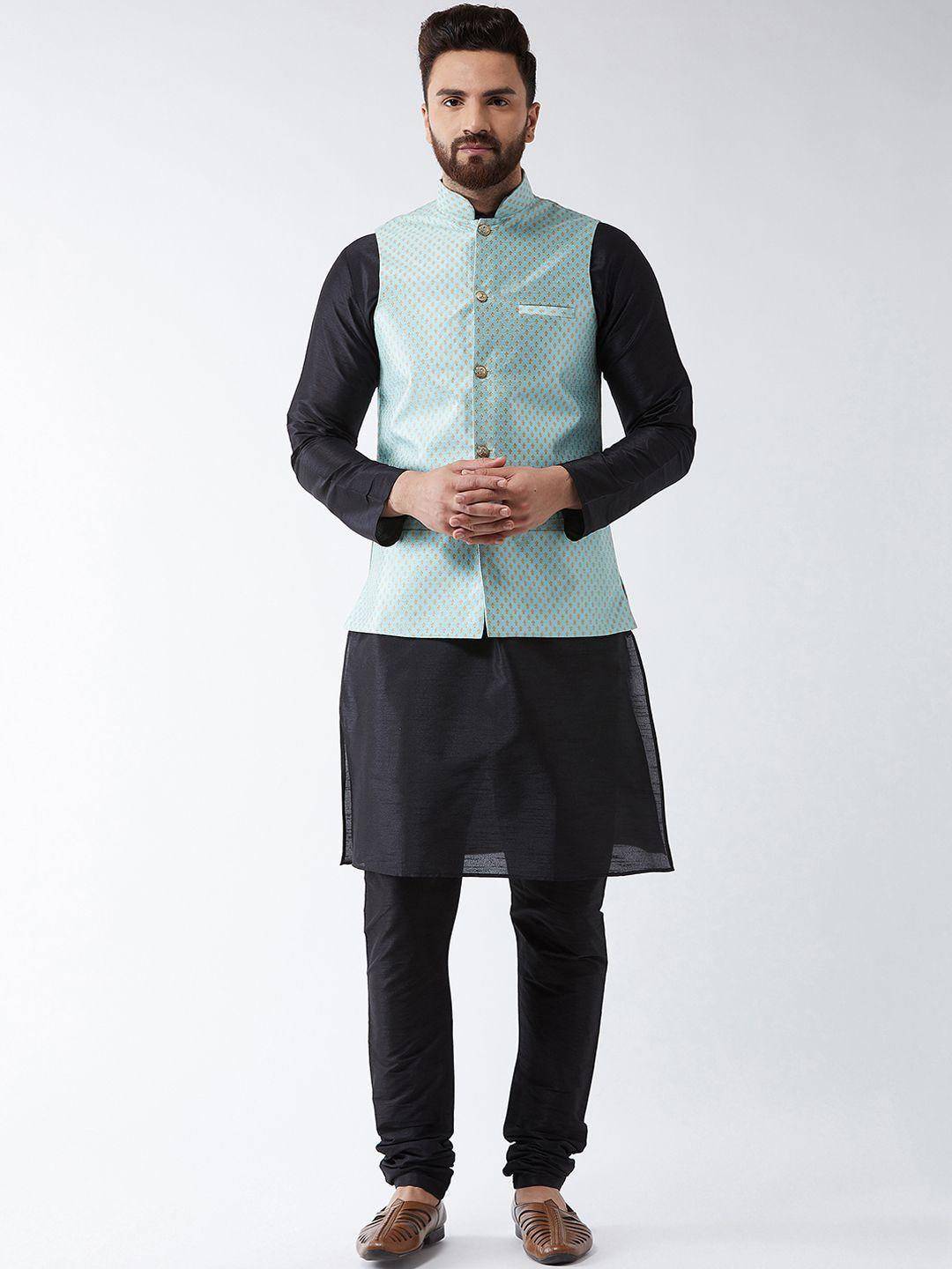 sojanya men black & sea green kurta set & nehru jacket