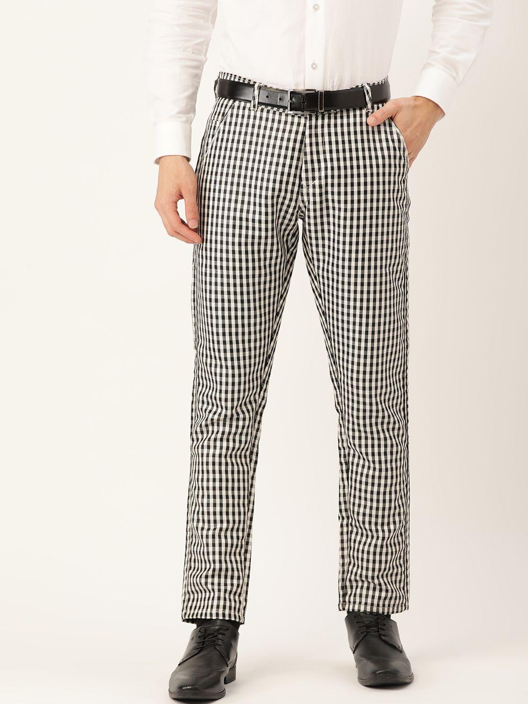 sojanya men black & white checked smart fit formal trousers