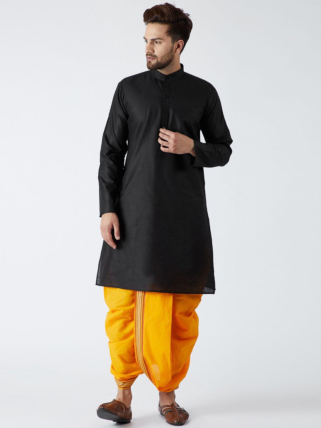 sojanya men black & yellow solid kurta with dhoti pants