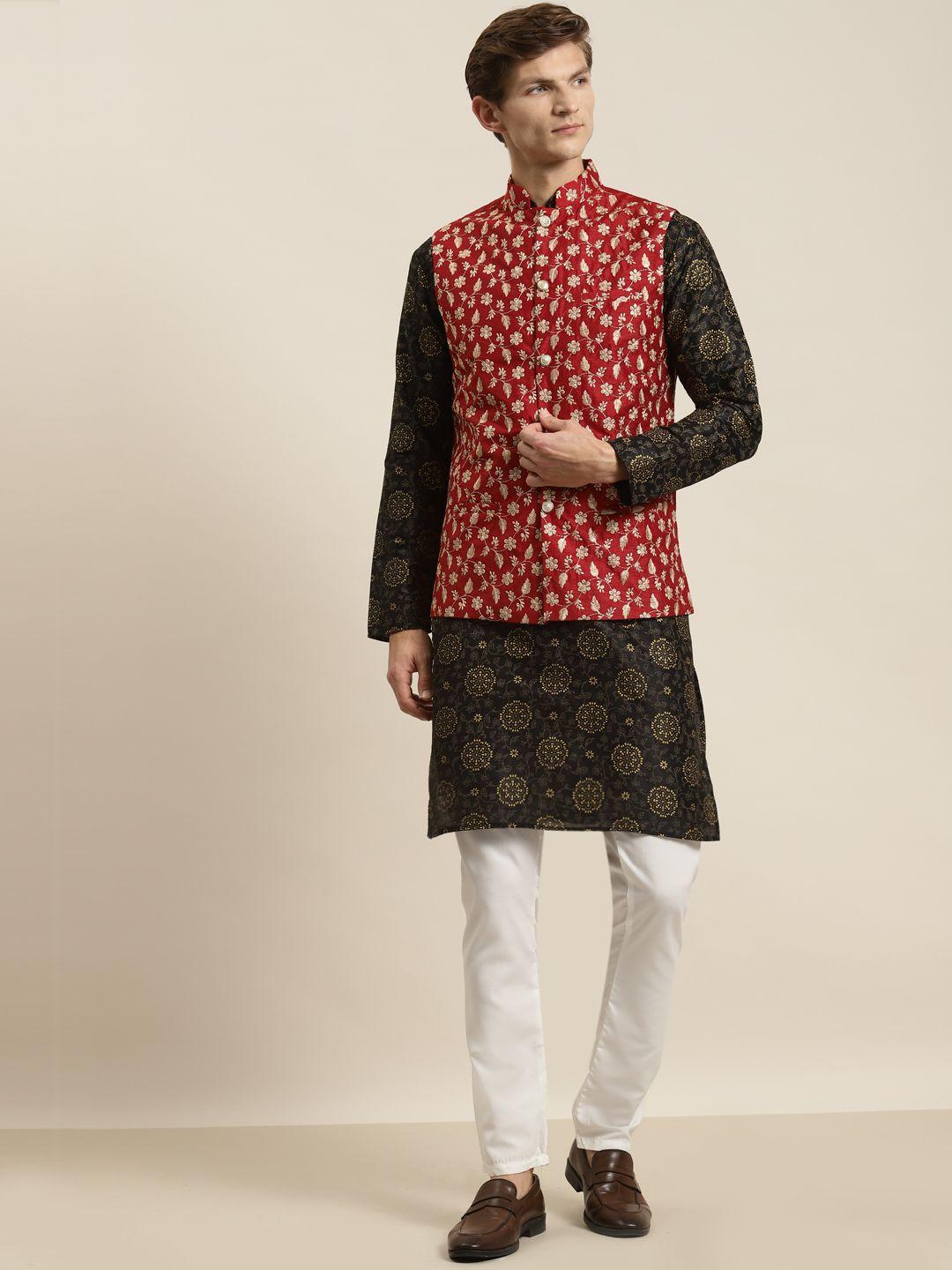 sojanya men black ethnic motifs printed kurta with pyjamas & nehru jacket