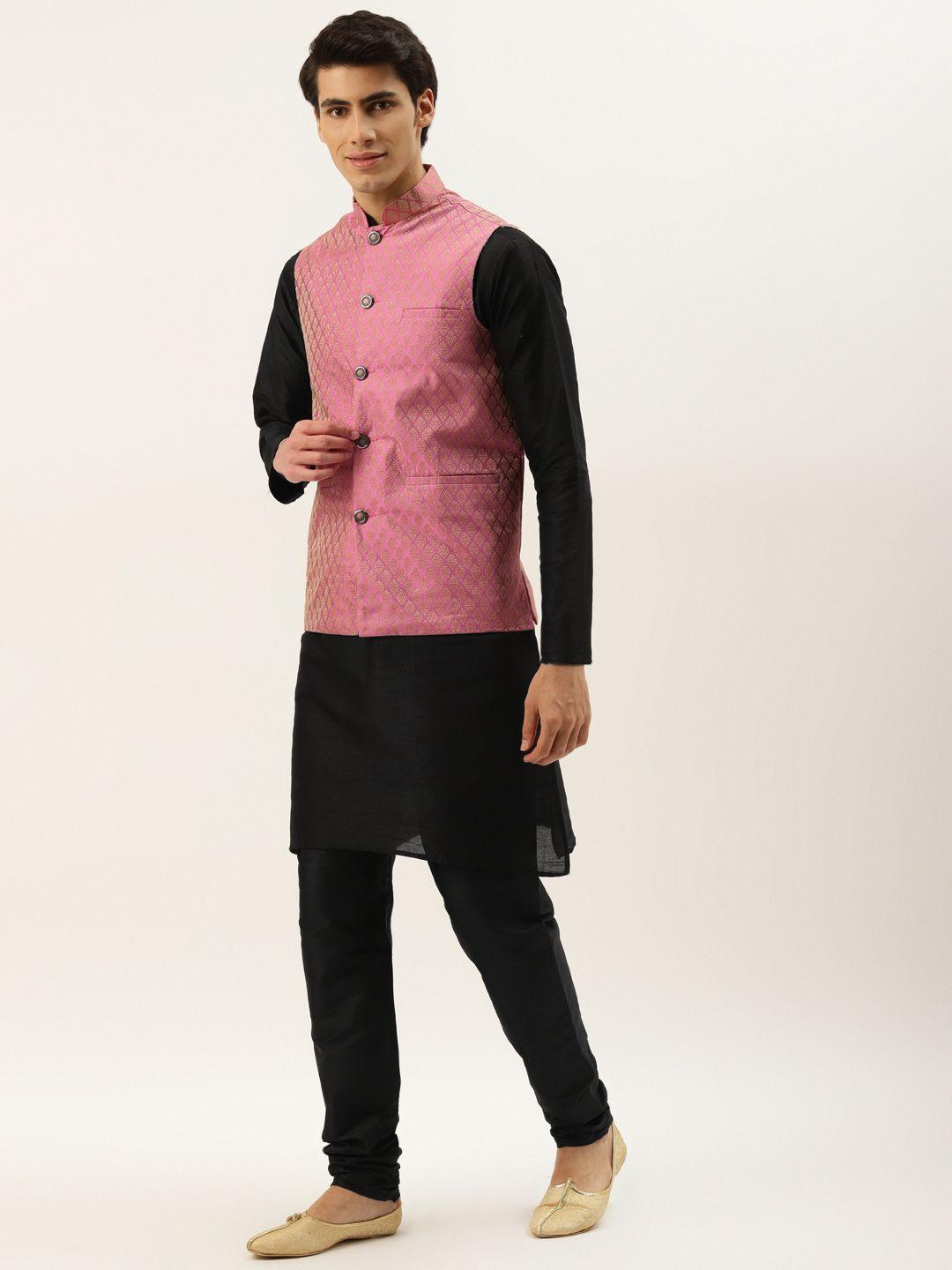 sojanya men black solid kurta set with printed jacket