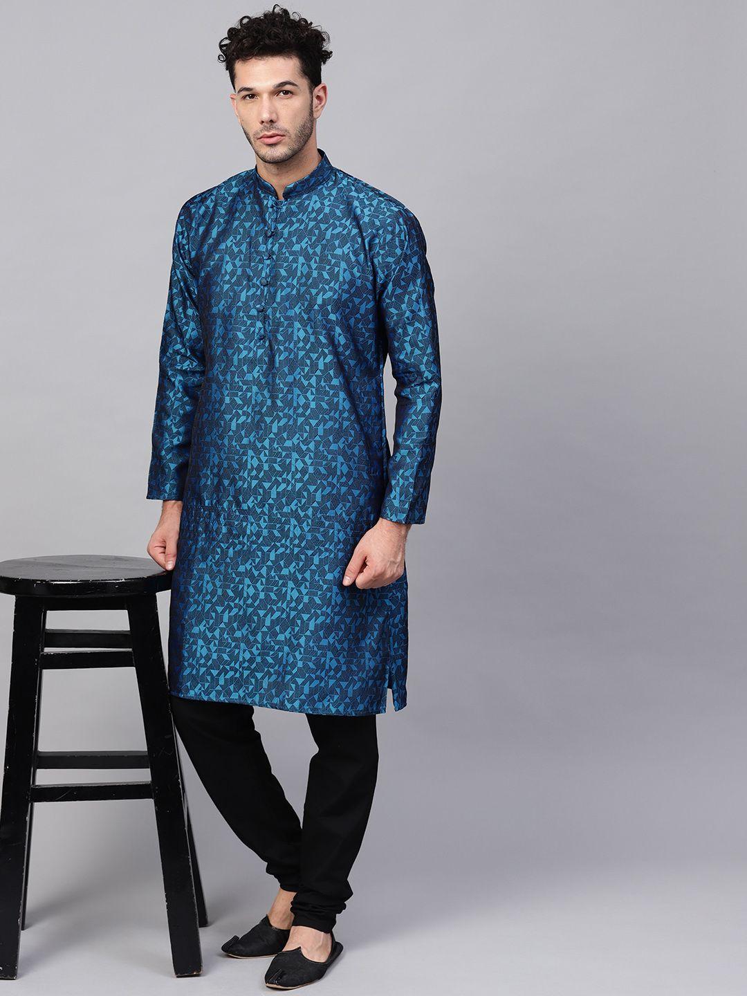 sojanya men blue & black self-design kurta with churidar