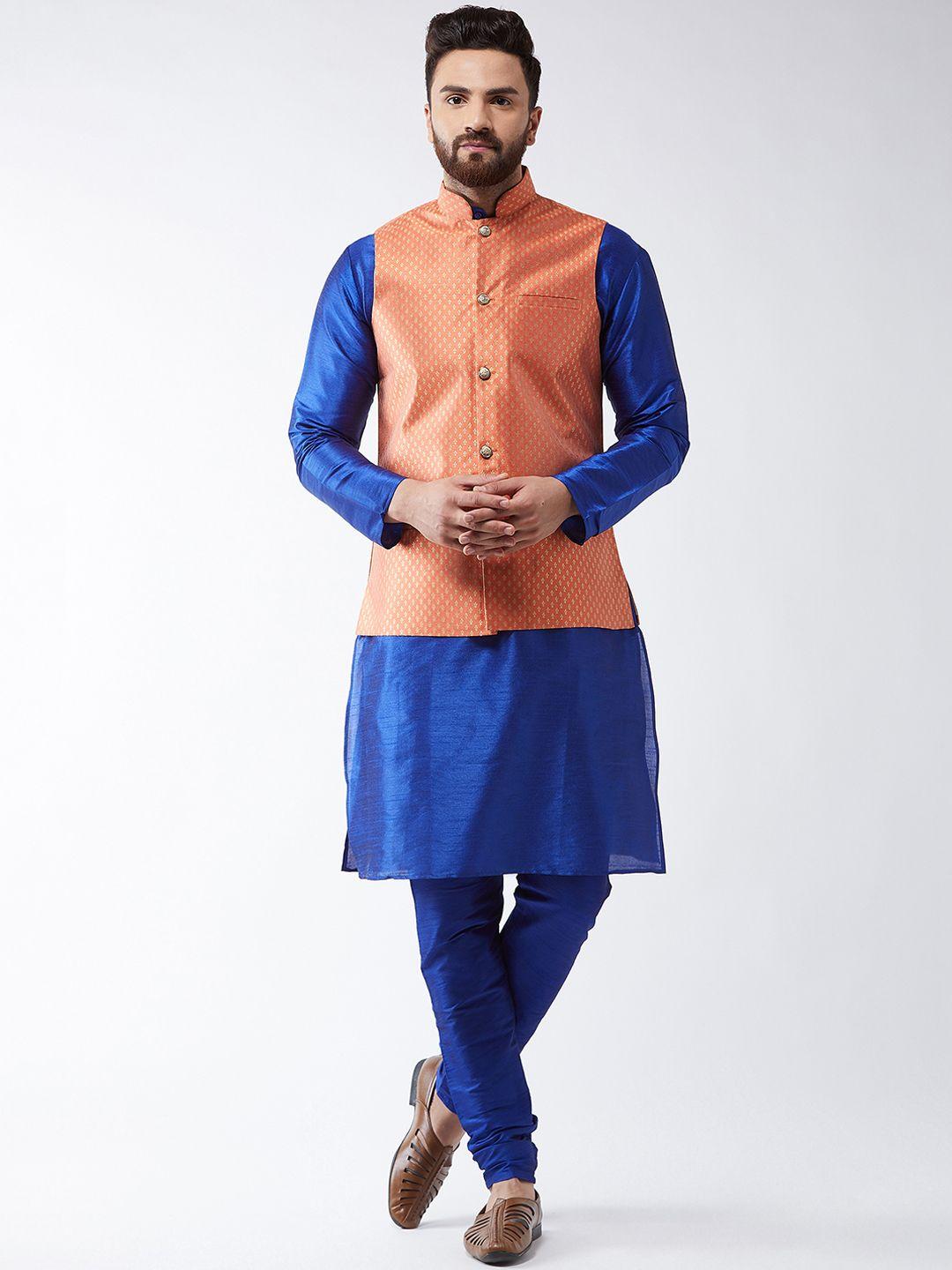sojanya men blue & coral orange solid kurta with churidar & nehru jacket