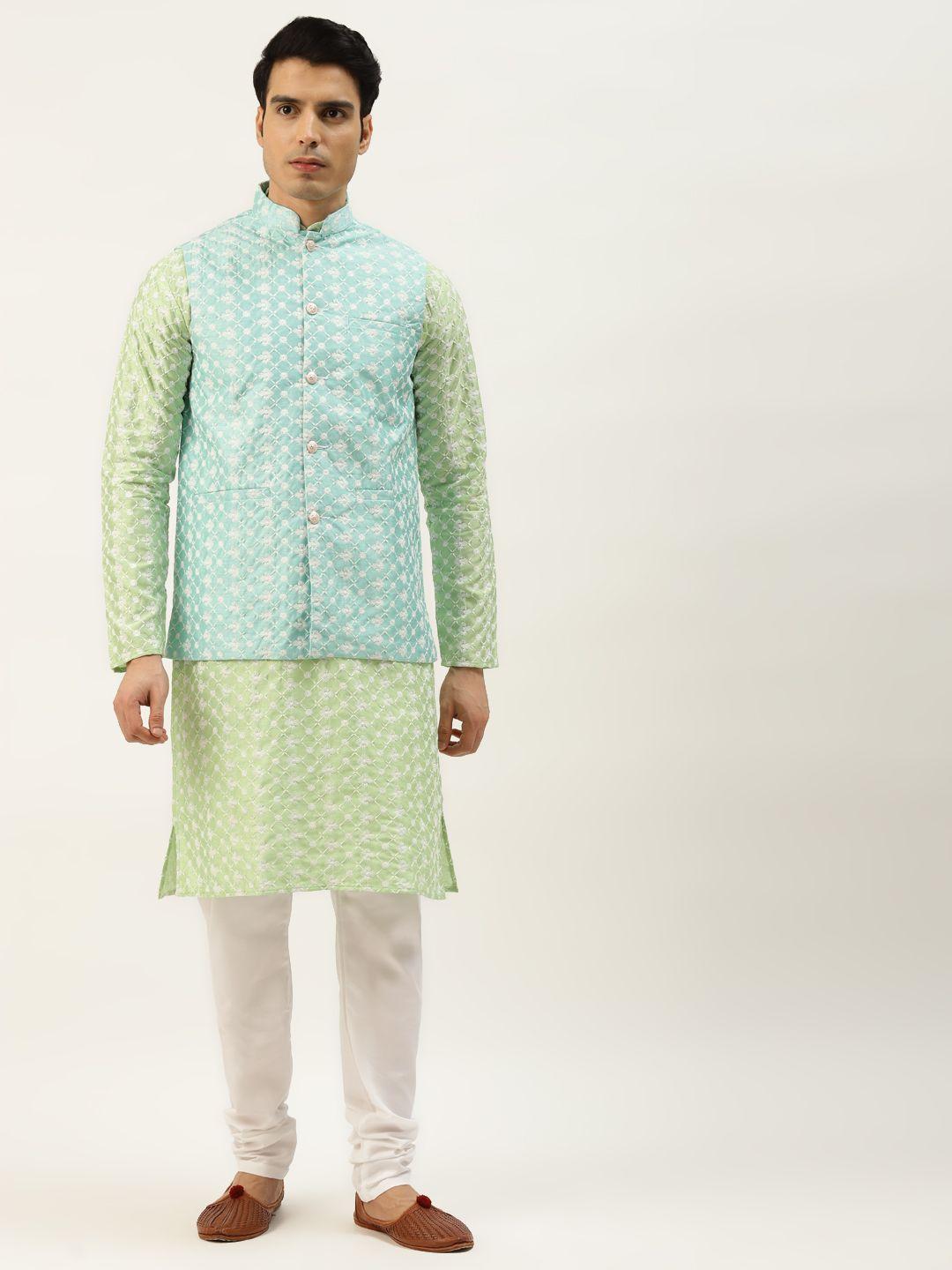sojanya men blue & green ethnic motifs embroidered kurta with churidar